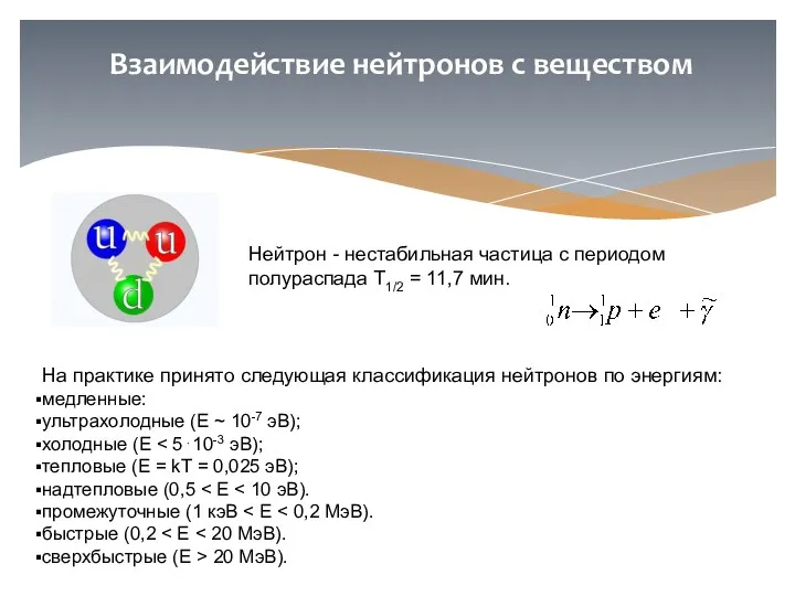 Взаимодействие нейтронов с веществом Нейтрон - нестабильная частица с периодом