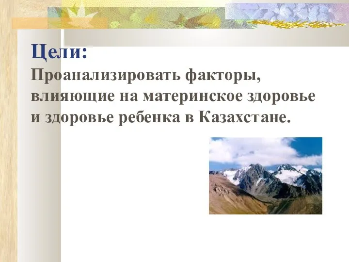 Цели: Проанализировать факторы, влияющие на материнское здоровье и здоровье ребенка в Казахстане.