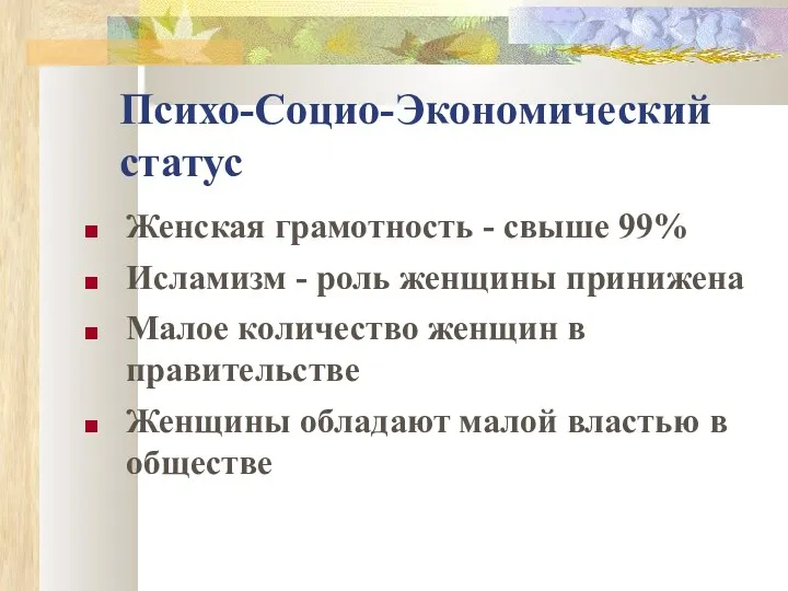 Психо-Социо-Экономический статус Женская грамотность - свыше 99% Исламизм - роль