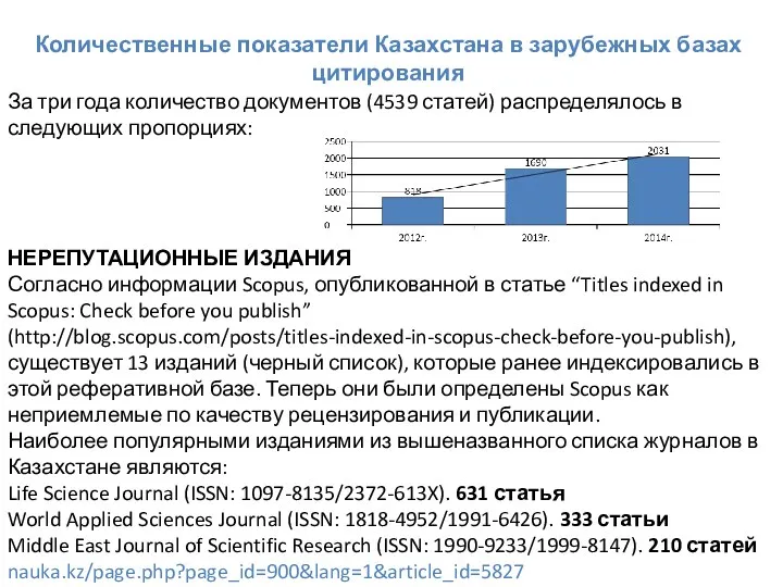 Количественные показатели Казахстана в зарубежных базах цитирования За три года