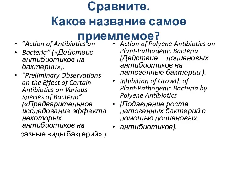 Сравните. Какое название самое приемлемое? “Action of Antibiotics on Bacteria”