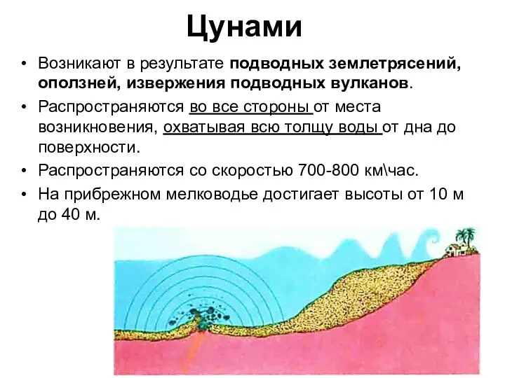 Цунами Возникают в результате подводных землетрясений, оползней, извержения подводных вулканов.