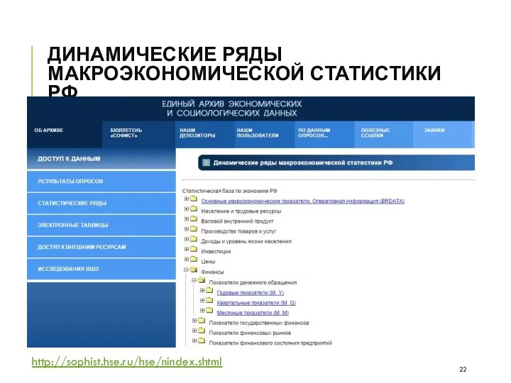 ДИНАМИЧЕСКИЕ РЯДЫ МАКРОЭКОНОМИЧЕСКОЙ СТАТИСТИКИ РФ http://sophist.hse.ru/hse/nindex.shtml