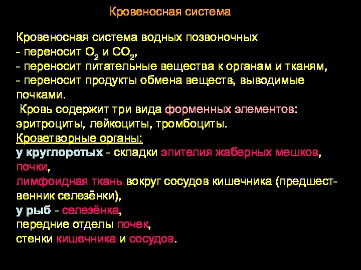 Кровеносная система Кровеносная система водных позвоночных - переносит О2 и