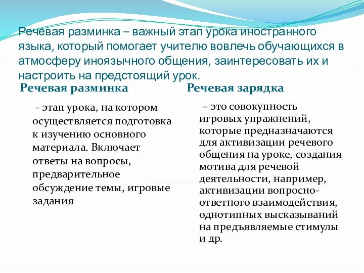 Речевая разминка – важный этап урока иностранного языка, который помогает