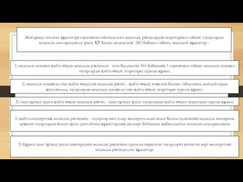 Жоғарыда аталған құжаттарға қосымша мәлімделген кедендік рәсімдердің шарттарына сәйкес тауарларды