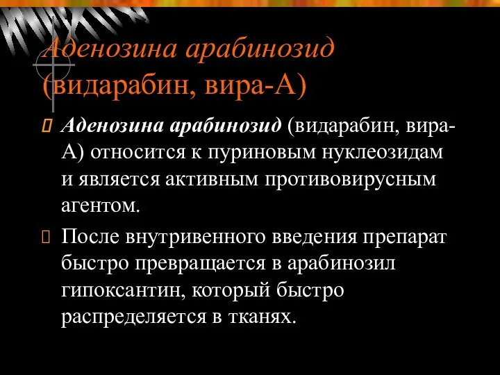 Аденозина арабинозид (видарабин, вира-А) Аденозина арабинозид (видарабин, вира-А) относится к