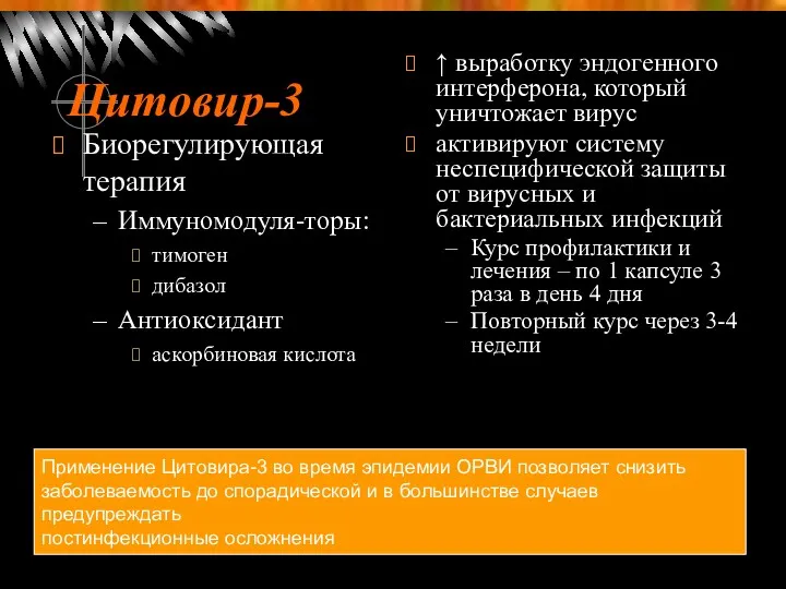 Цитовир-3 Биорегулирующая терапия Иммуномодуля-торы: тимоген дибазол Антиоксидант аскорбиновая кислота ↑