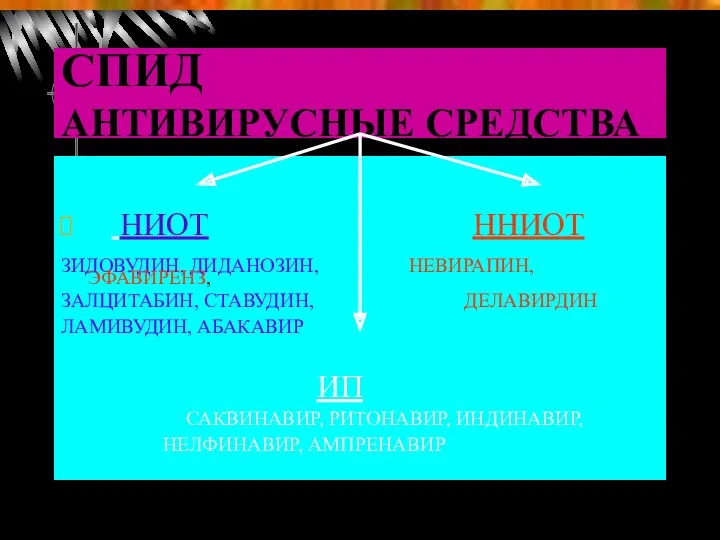 СПИД АНТИВИРУСНЫЕ СРЕДСТВА НИОТ ННИОТ ЗИДОВУДИН, ДИДАНОЗИН, НЕВИРАПИН, ЭФАВИРЕНЗ, ЗАЛЦИТАБИН,