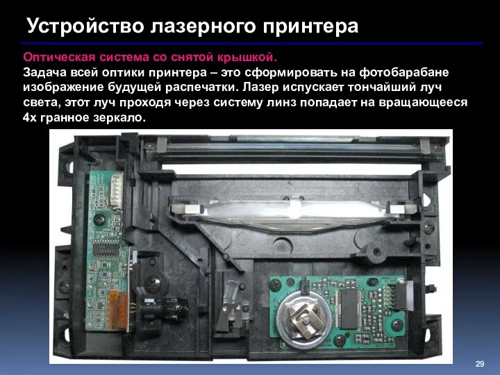 Устройство лазерного принтера Оптическая система со снятой крышкой. Задача всей
