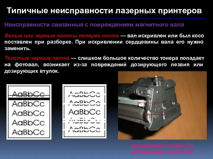 Типичные неисправности лазерных принтеров Неисправности связанные с повреждением магнитного вала