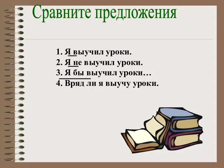 Сравните предложения 1. Я выучил уроки. 2. Я не выучил