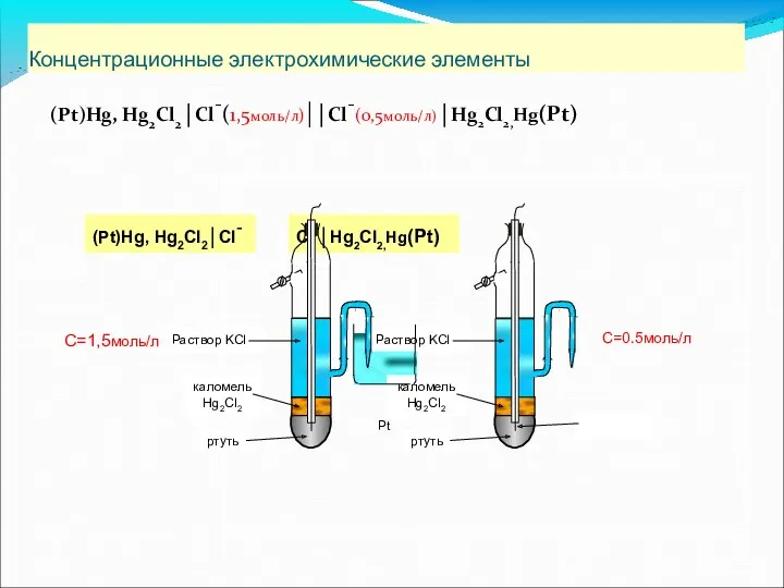 Концентрационные электрохимические элементы (Pt)Hg, Hg2Cl2│Cl-(1,5моль/л)|│Cl-(0,5моль/л)│Hg2Cl2,Hg(Pt) ртуть Раствор KCl каломель Hg2Cl2 (Pt)Hg, Hg2Cl2│Cl- Pt C=0.5моль/л С=1,5моль/л