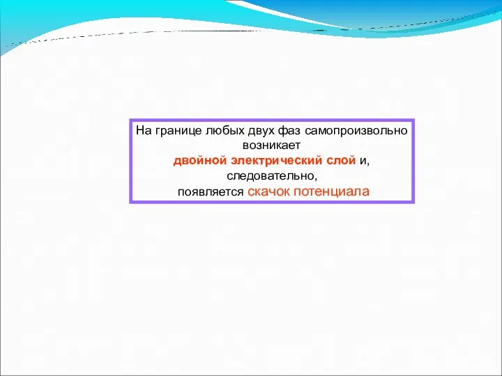 На границе любых двух фаз самопроизвольно возникает двойной электрический слой и, следовательно, появляется скачок потенциала