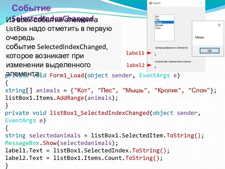 Событие SelectedIndexChanged Из всех событий элемента ListBox надо отметить в