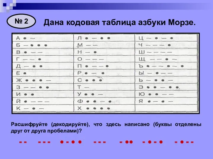 Дана кодовая таблица азбуки Морзе. Расшифруйте (декодируйте), что здесь написано