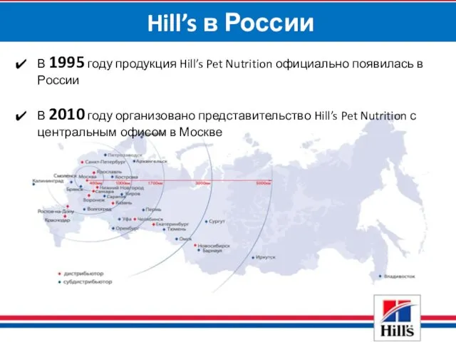 Hill’s в России В 1995 году продукция Hill’s Pet Nutrition официально появилась в