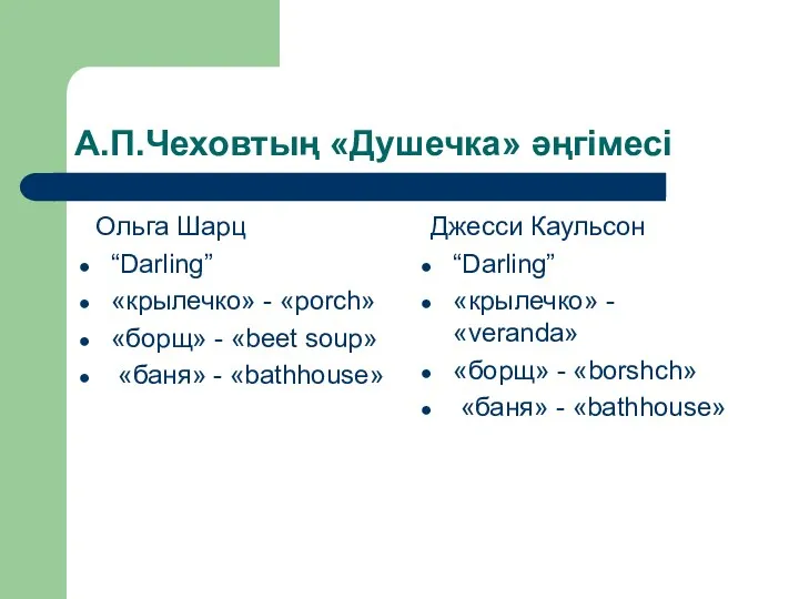 А.П.Чеховтың «Душечка» әңгімесі Ольга Шарц “Darling” «крылечко» - «porch» «борщ»