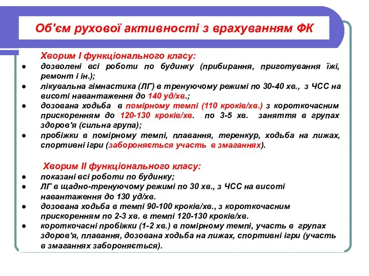 Об'єм рухової активності з врахуванням ФК Хворим І функціонального класу: