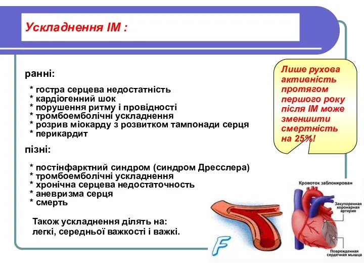 Ускладнення ІМ : ранні: * гостра серцева недостатність * кардіогенний