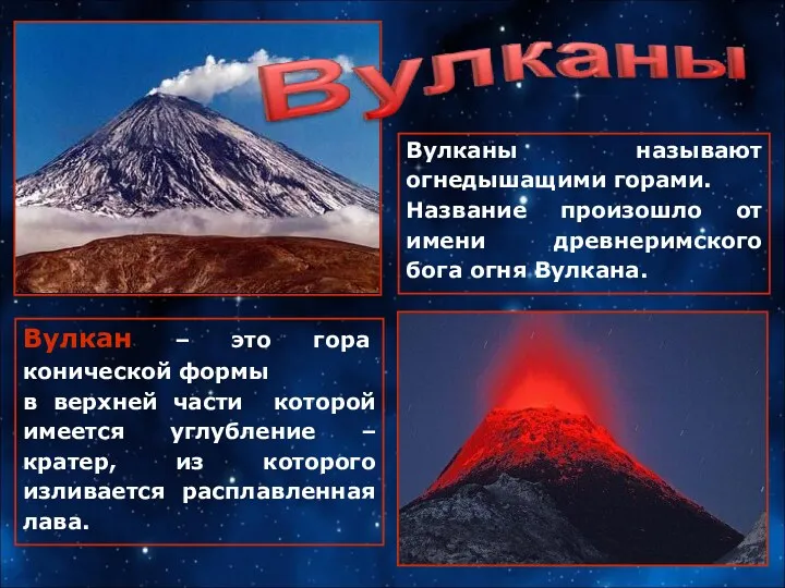 Вулканы называют огнедышащими горами. Название произошло от имени древнеримского бога огня Вулкана. Вулкан