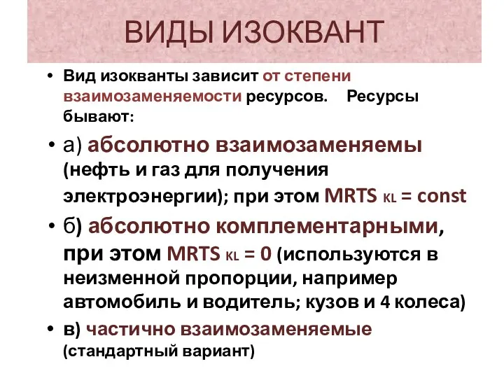 ВИДЫ ИЗОКВАНТ Вид изокванты зависит от степени взаимозаменяемости ресурсов. Ресурсы