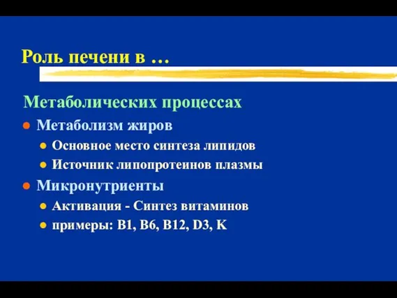 Роль печени в … Метаболических процессах Метаболизм жиров Основное место