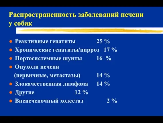 Распространенность заболеваний печени у собак Реактивные гепатиты 25 % Хронические