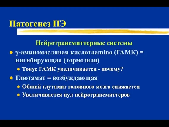 Патогенез ПЭ Нейротрансмиттерные системы γ-аминомасляная кислотаamino (ГАМК) = ингибирующая (тормозная)