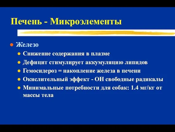 Печень - Микроэлементы Железо Снижение содержания в плазме Дефицит стимулирует