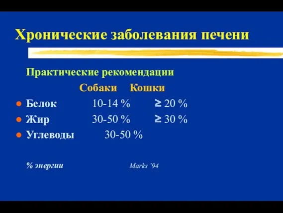 Хронические заболевания печени Практические рекомендации Собаки Кошки Белок 10-14 %