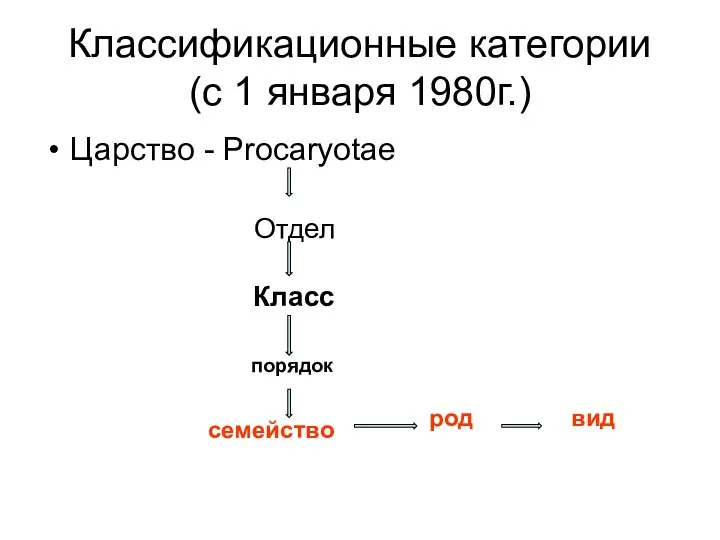 Классификационные категории (с 1 января 1980г.) Царство - Procaryotae Отдел Класс порядок семейство род вид