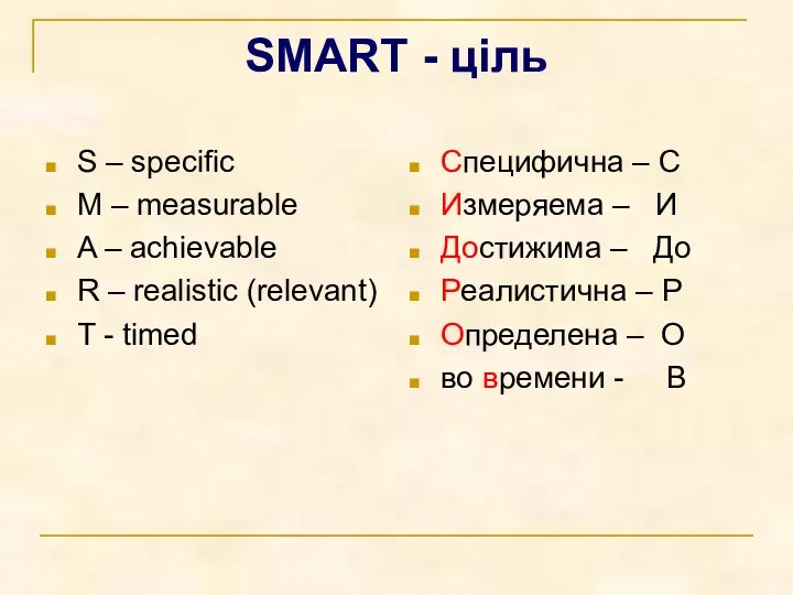 SMART - ціль S – specific M – measurable A