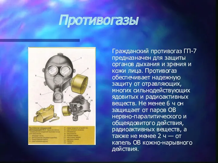 Противогазы Гражданский противогаз ГП-7 предназначен для защиты органов дыхания и