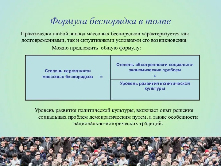 Формула беспорядка в толпе Практически любой эпизод массовых беспорядков характеризуется