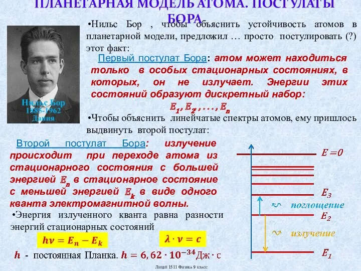 Чтобы объяснить линейчатые спектры атомов, ему пришлось выдвинуть второй постулат: Второй постулат Бора: