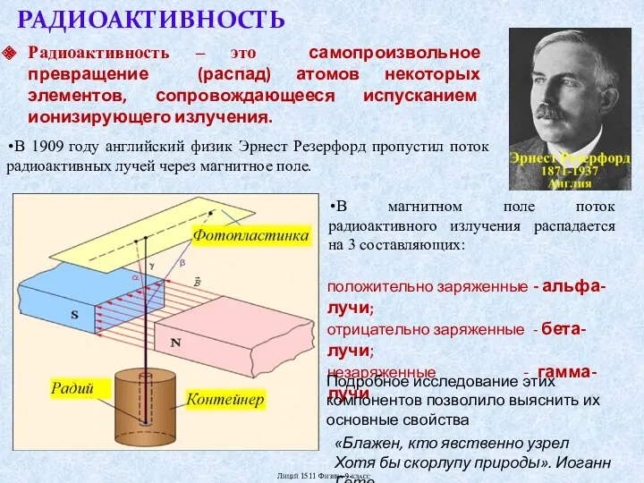 РАДИОАКТИВНОСТЬ Радиоактивность – это самопроизвольное превращение (распад) атомов некоторых элементов, сопровождающееся испусканием ионизирующего