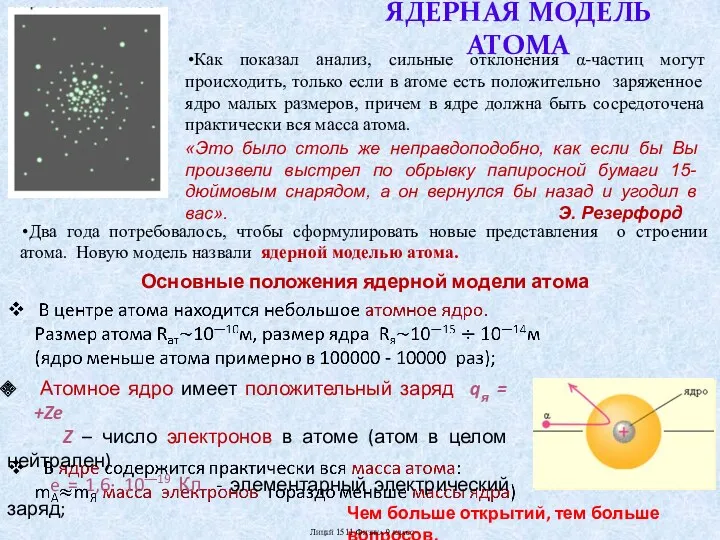 Как показал анализ, сильные отклонения α-частиц могут происходить, только если в атоме есть