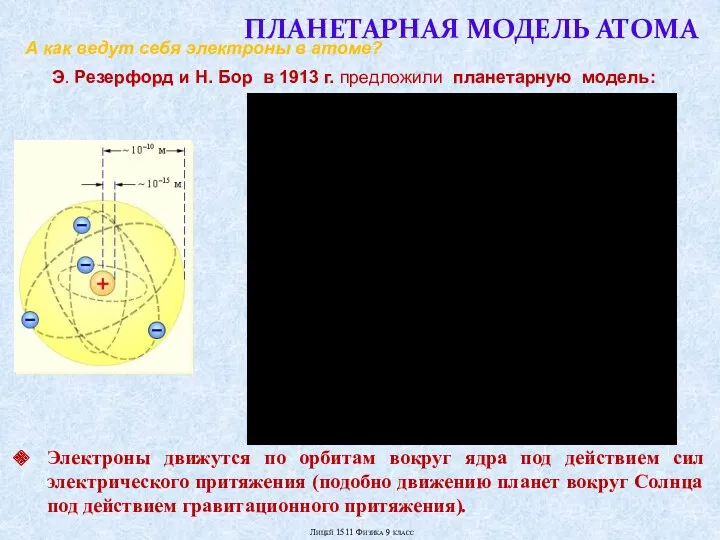 ПЛАНЕТАРНАЯ МОДЕЛЬ АТОМА Э. Резерфорд и Н. Бор в 1913 г. предложили планетарную