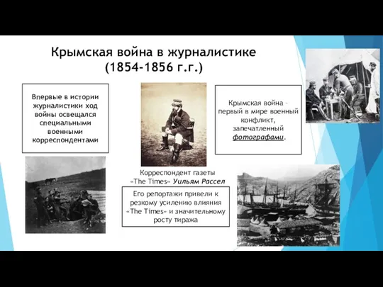 Крымская война в журналистике (1854-1856 г.г.) Впервые в истории журналистики ход войны освещался