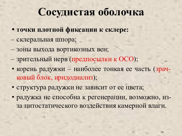 Сосудистая оболочка точки плотной фиксации к склере: склеральная шпора; зоны