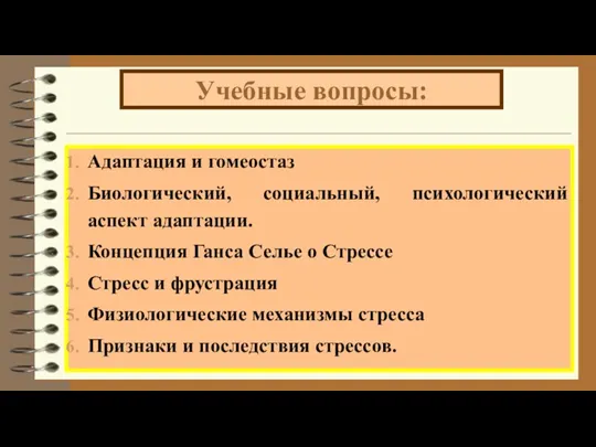 Учебные вопросы: Адаптация и гомеостаз Биологический, социальный, психологический аспект адаптации.