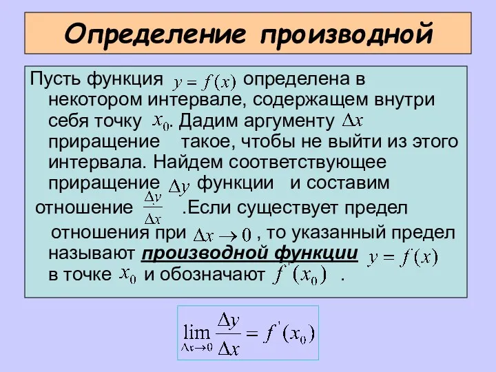 Определение производной Пусть функция определена в некотором интервале, содержащем внутри