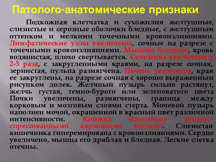 Патолого-анатомические признаки Подкожная клетчатка и сухожилия желтушные, слизистые и серозные