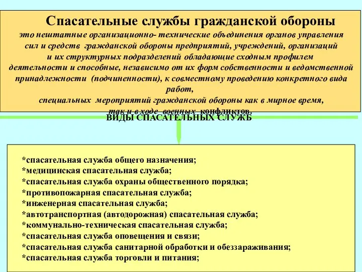 ВИДЫ СПАСАТЕЛЬНЫХ СЛУЖБ *спасательная служба общего назначения; *медицинская спасательная служба;