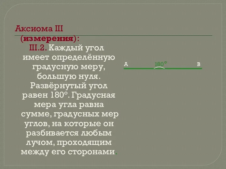 Аксиома III (измерения): III.2. Каждый угол имеет определённую градусную меру,