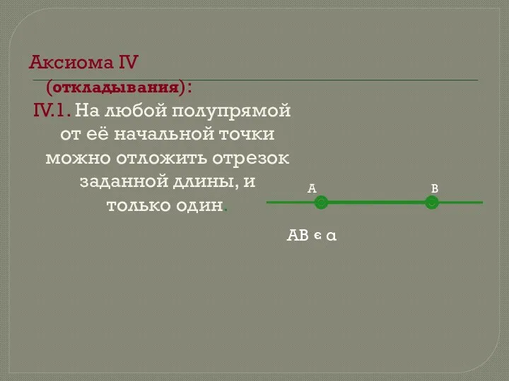 Аксиома IV (откладывания): IV.1. На любой полупрямой от её начальной