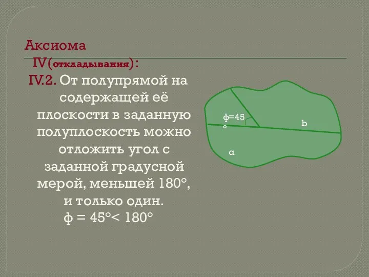 Аксиома IV(откладывания): IV.2. От полупрямой на содержащей её плоскости в