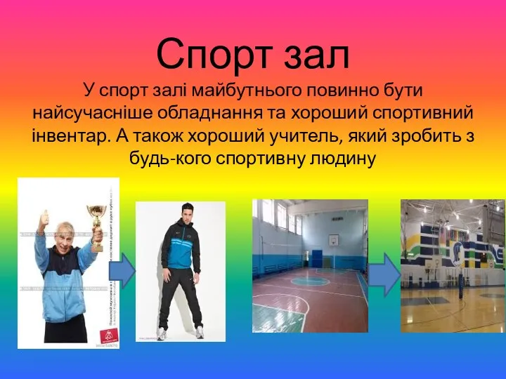 Спорт зал У спорт залі майбутнього повинно бути найсучасніше обладнання