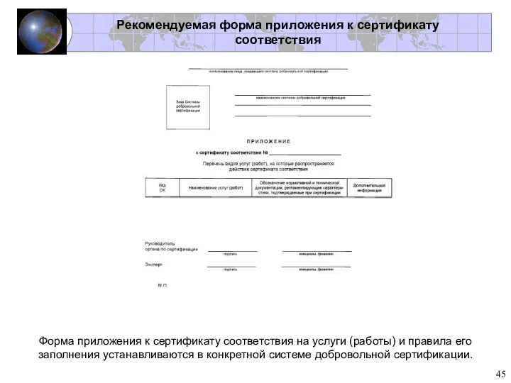 Форма приложения к сертификату соответствия на услуги (работы) и правила